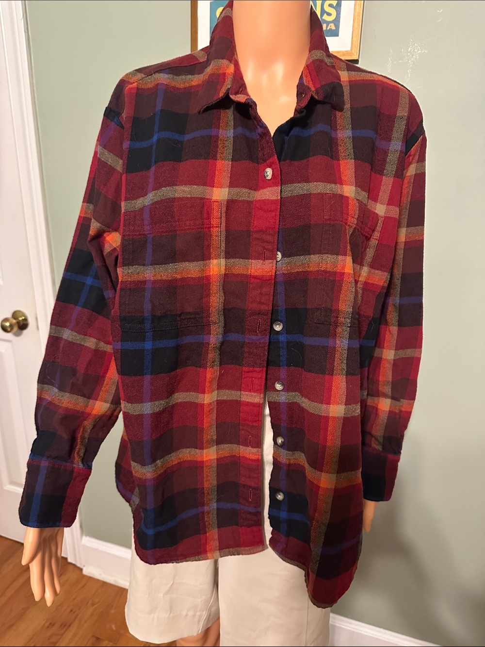 Old Navy Burgundy Plaid Button-Down Shirt with Blue and Gold Stripes
